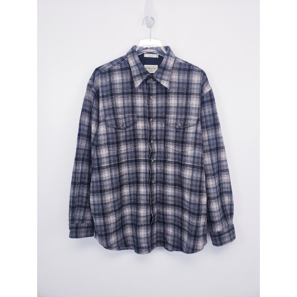 Pendleton Outdoor Shirt Blue Plaid Wool Flannel Button Up Long Sleeve Shacket XL